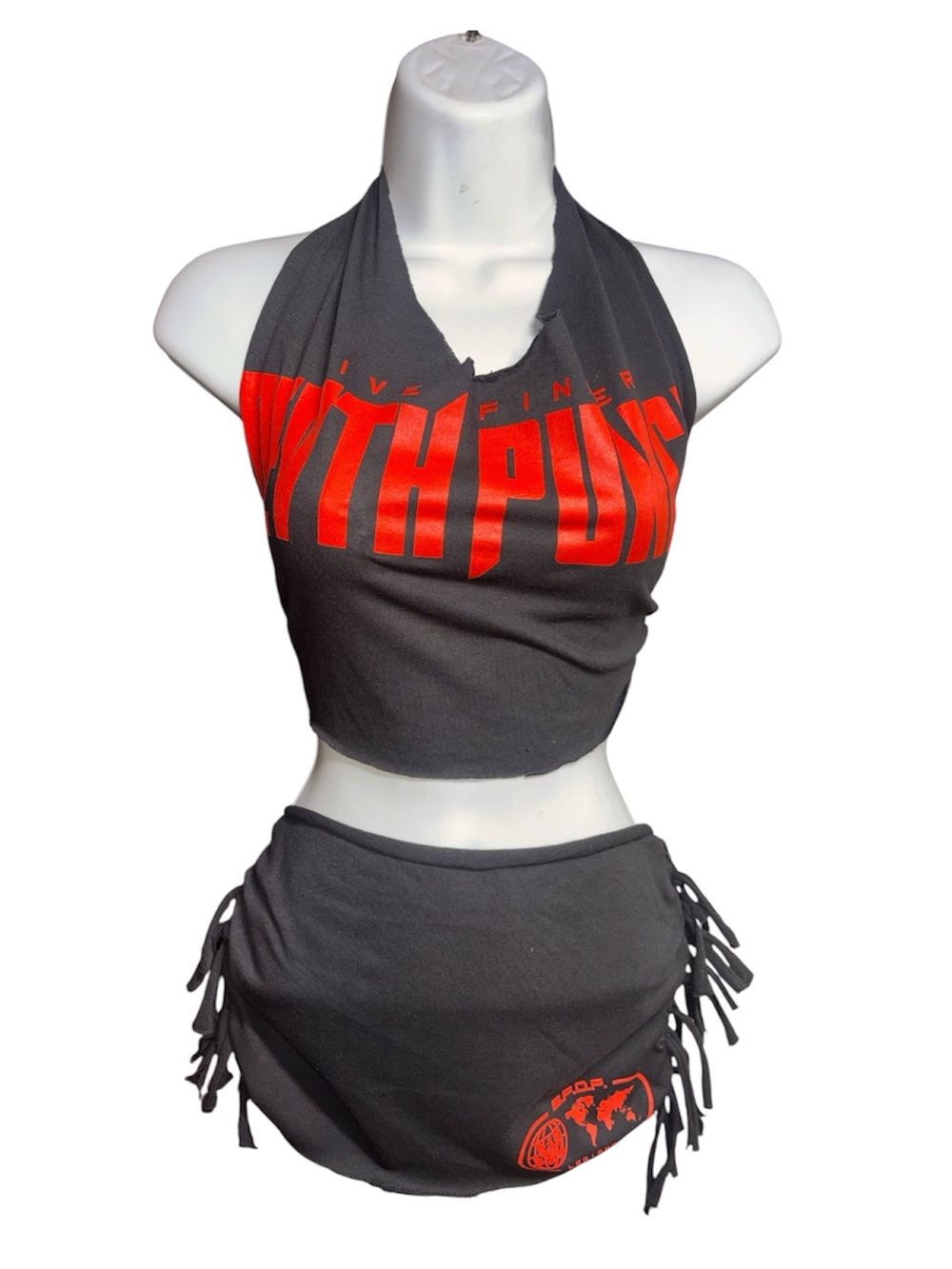 Death Punch Custom 2 Piece Festival Outfit S/M Halter Crop Top Fringe Skirt Hand